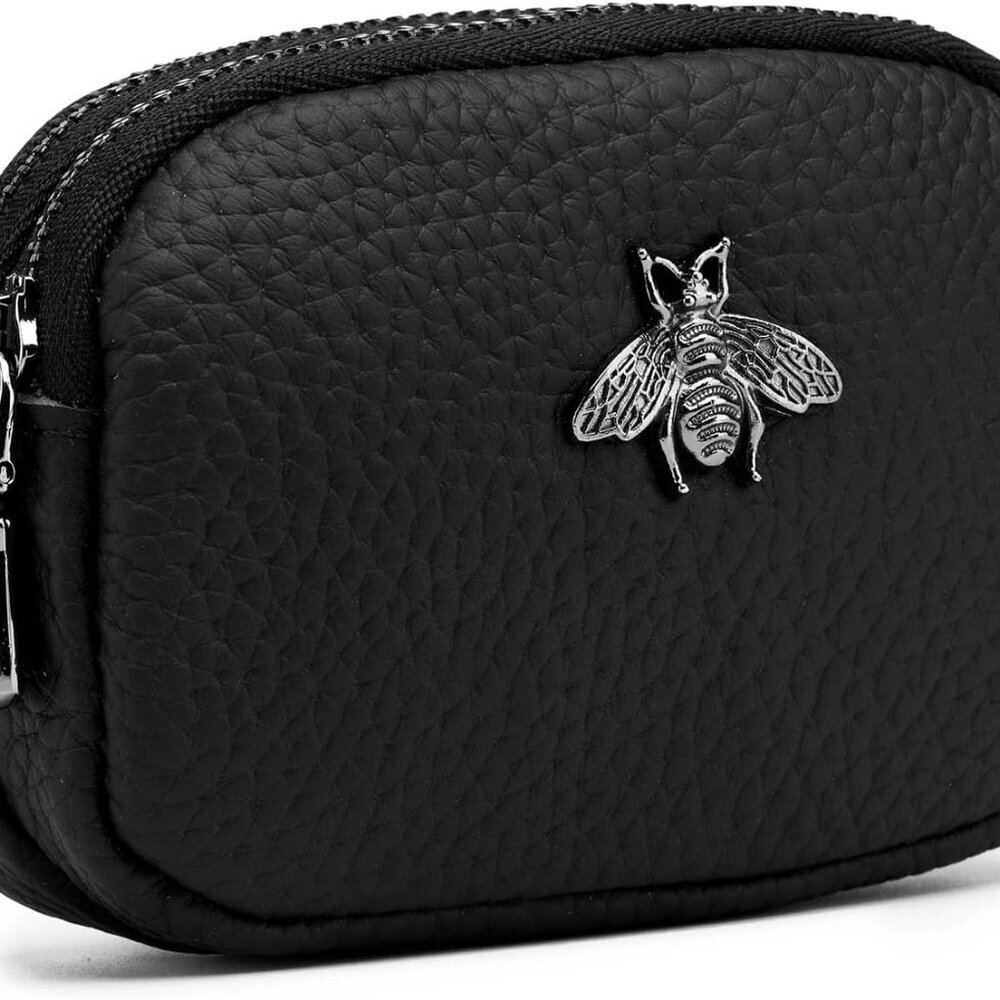 Women Leather Coin Purse, Small 2 Zippered Change Pouch Wallet